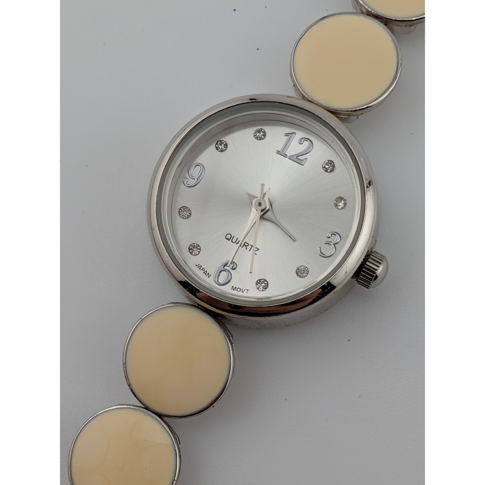 Women's Quartz Watch 22mm Case White Enamel Band 6.5" Band- New Battery